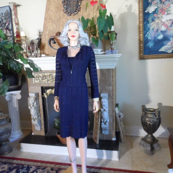 St. John Navy Blue Metallic Knit Dress & Jacket Suit Set – Size L/12 - Picture 1 of 16